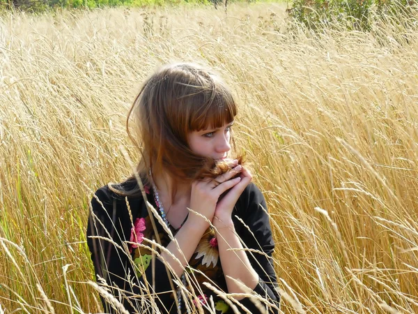 Seksuele een meisje de middag in een gras — Stockfoto