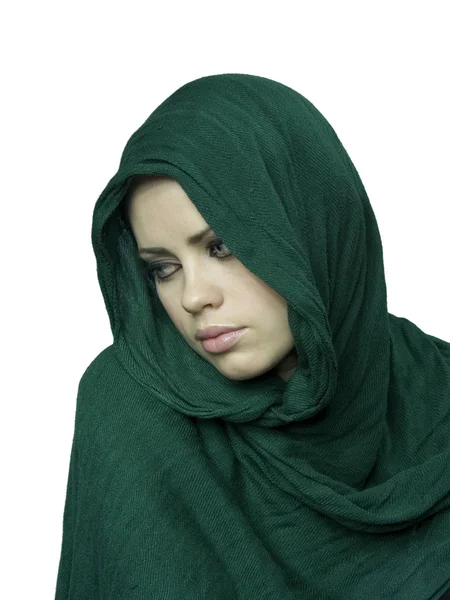 stock image Girl in a green linen cape