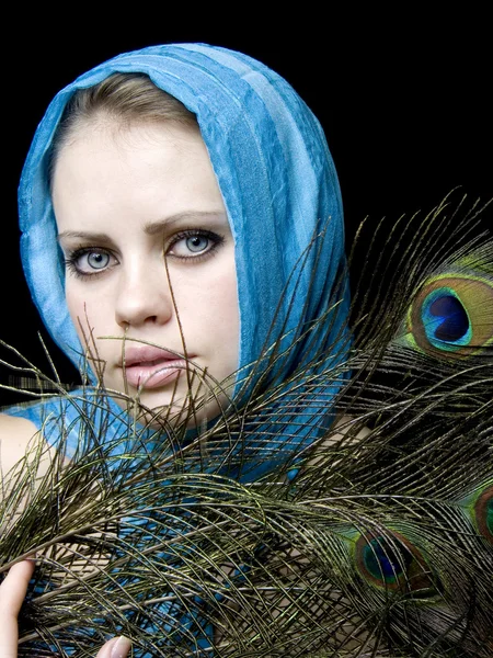 Very beautiful woman a scarf — Stok fotoğraf