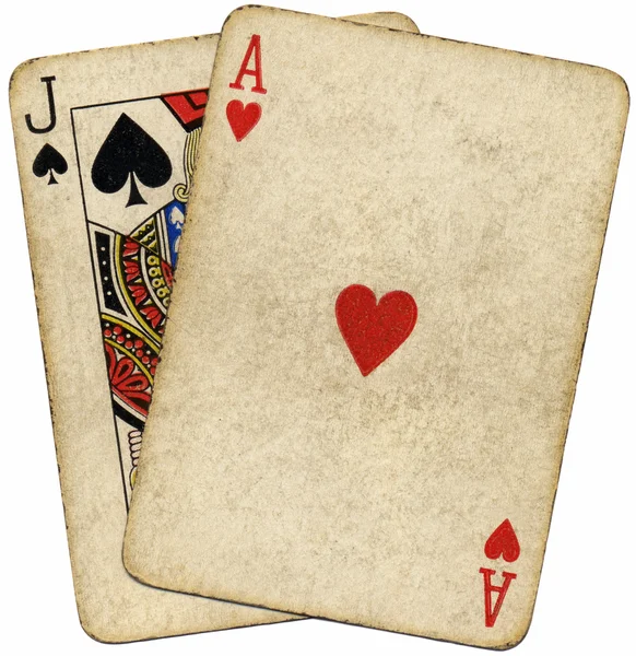 Kirli eski kartların izole blackjack. — Stok fotoğraf