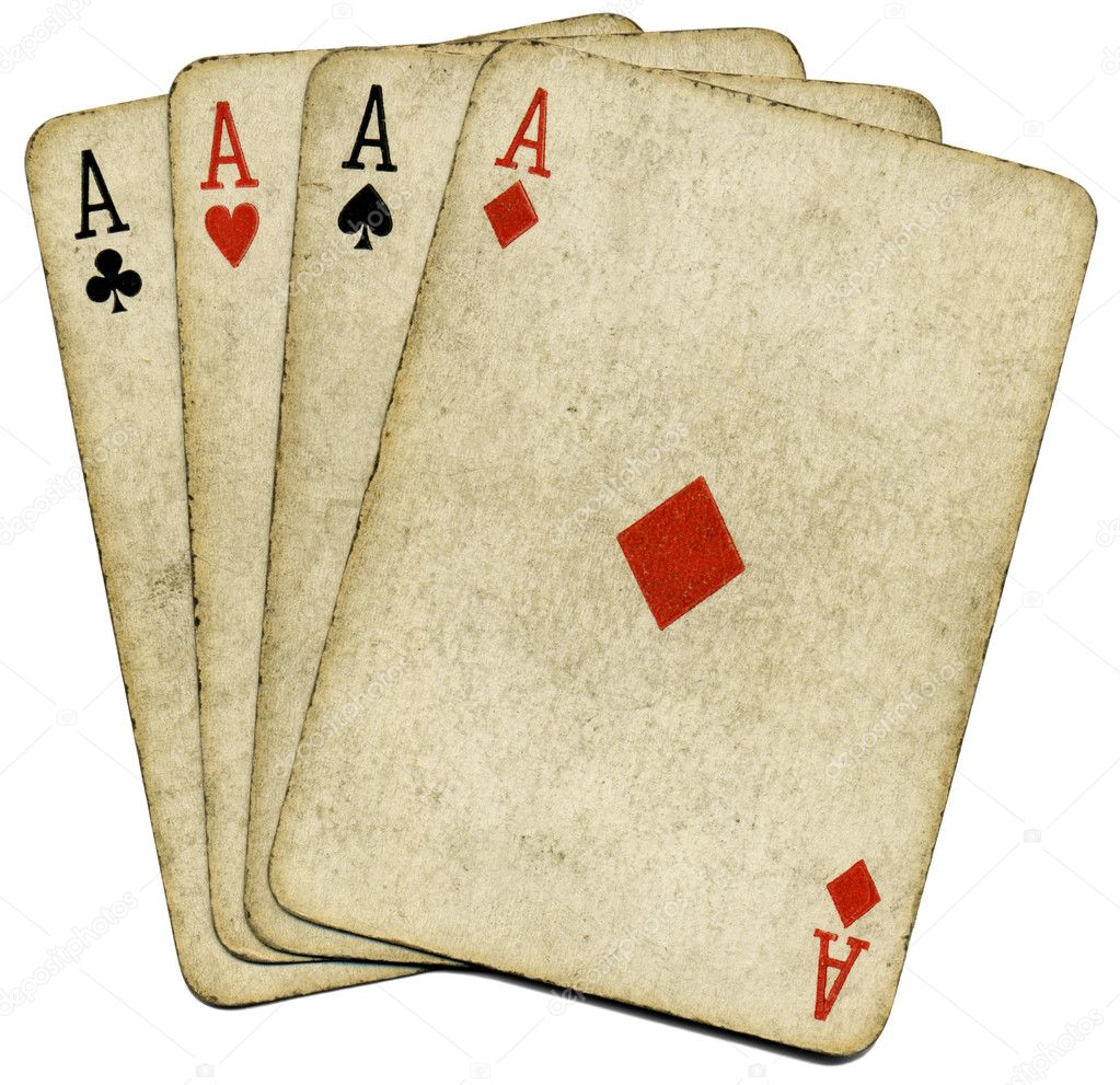 Four old dirty aces poker cards, isolate