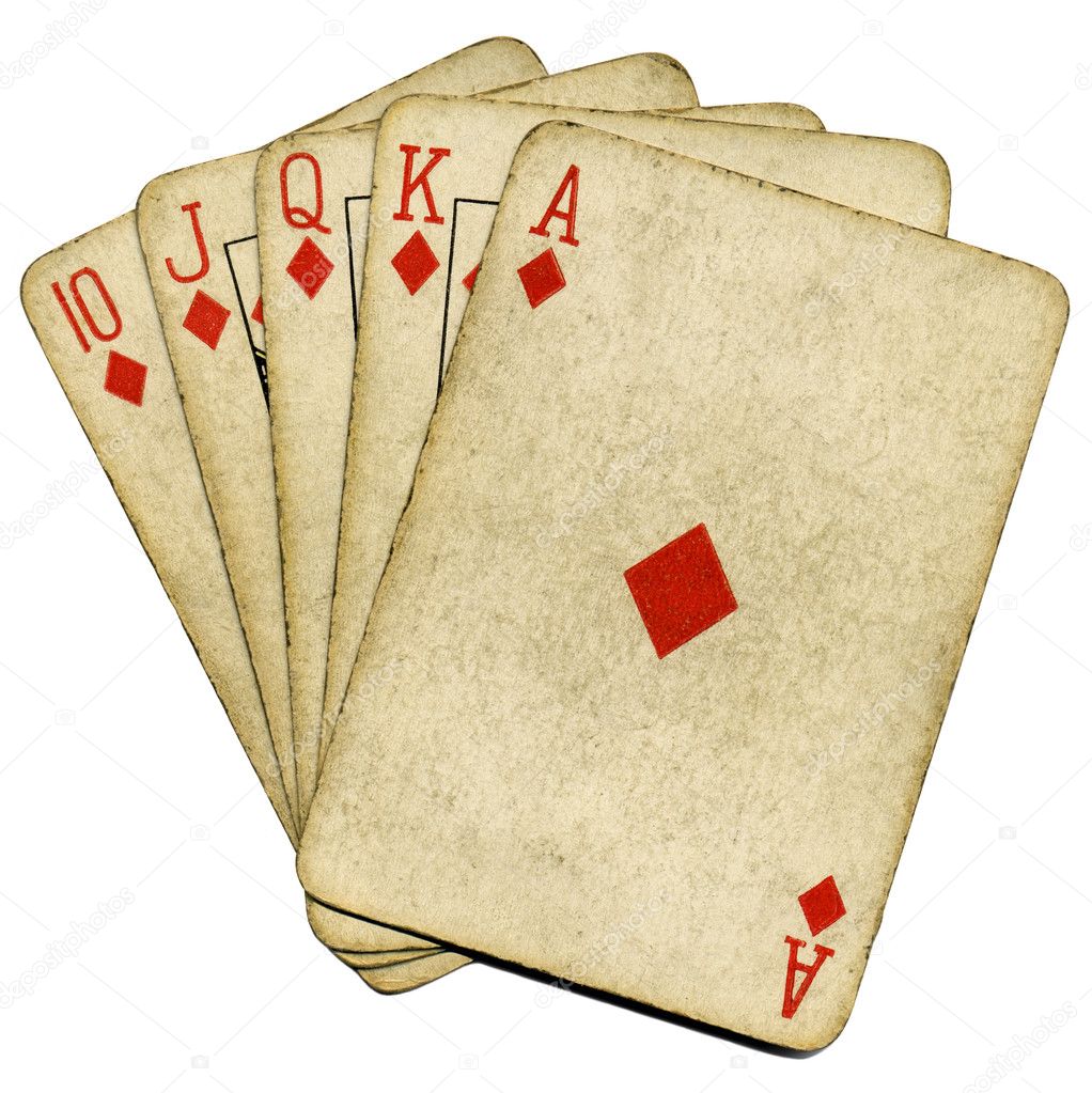 Royal flush old poker cards isolated.