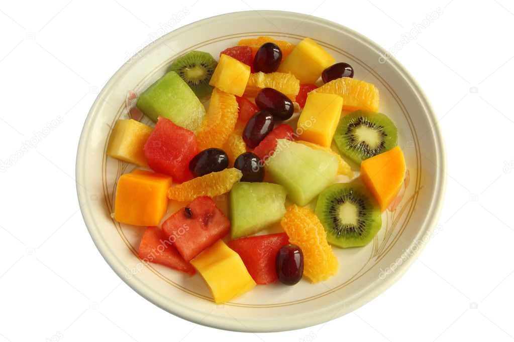 Healthy mixed fruit salad plate isolated