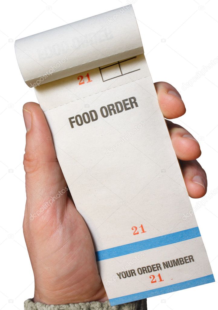 Holding a food order pad.