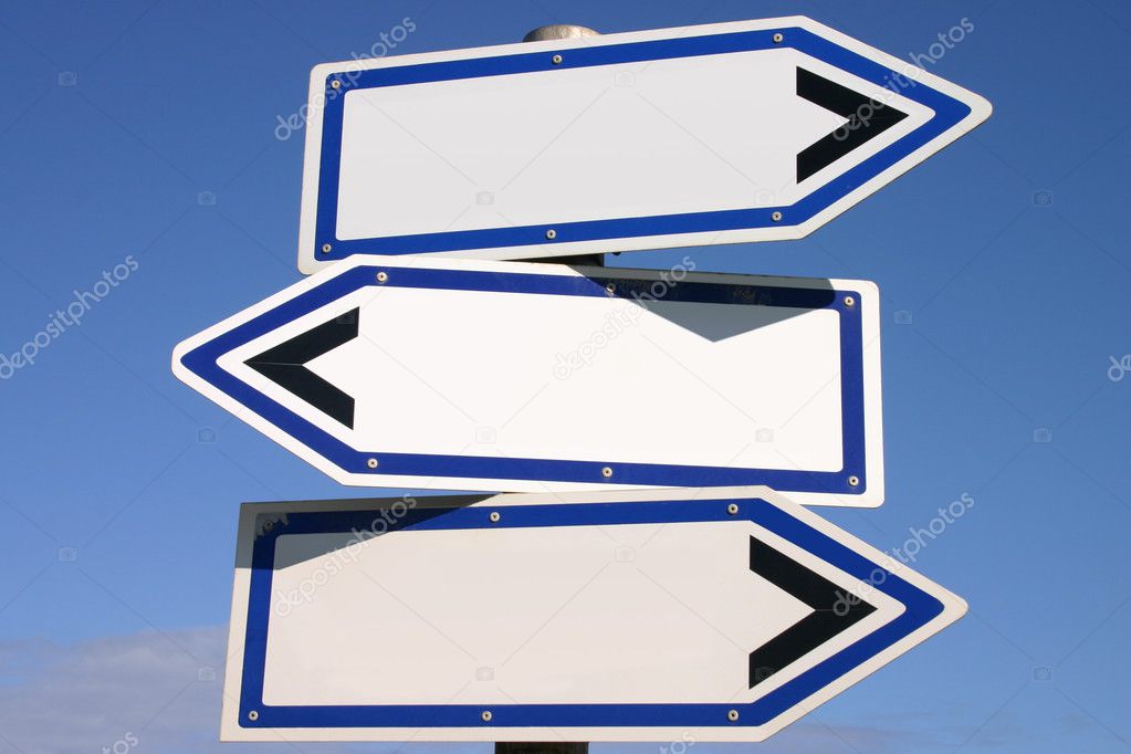 Blank three-way direction sign.