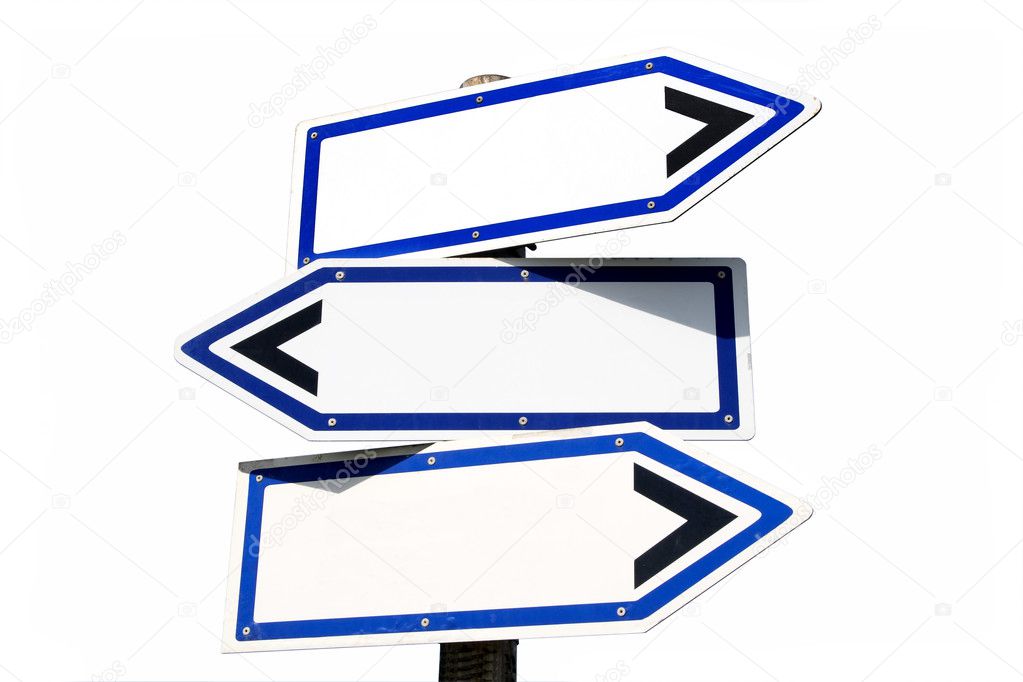 Blank three-way direction signpost.