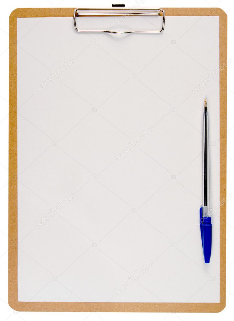 White paper on a clipboard.