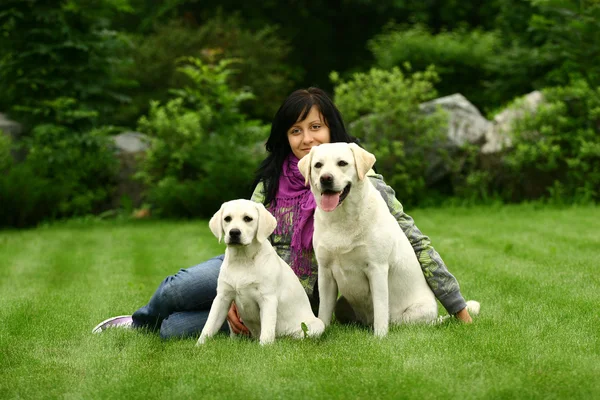 Dziewczyna siedzi na trawie z dwoma psami — Zdjęcie stockowe