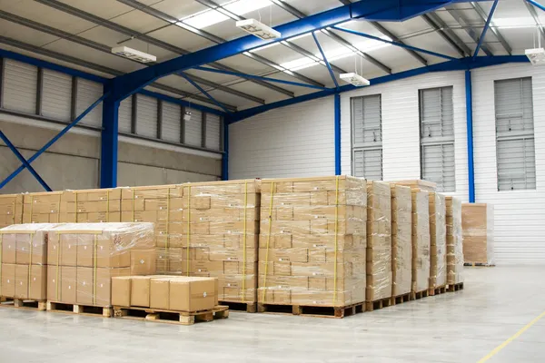 Pallets with cartons in warehouse — Stock Photo, Image