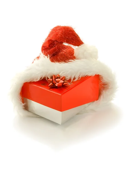 Gift box in santa hat,isolated — Stock Photo, Image