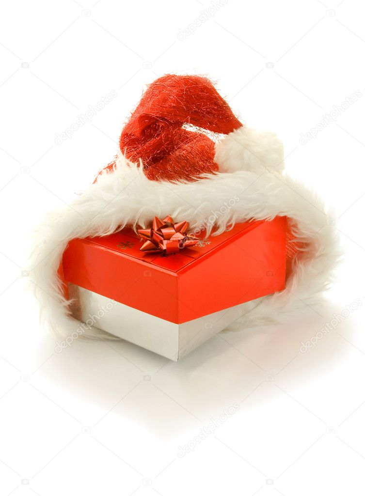 Gift box in santa hat,isolated
