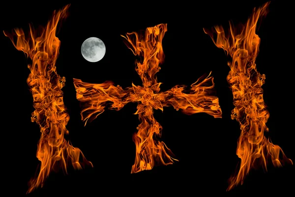 Cros fire flame with full moon,isolated — Stock Photo, Image