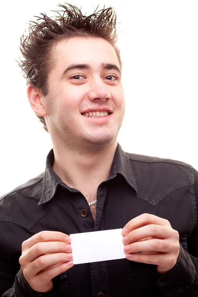 Hombre sosteniendo una tarjeta de visita en blanco — Foto de Stock