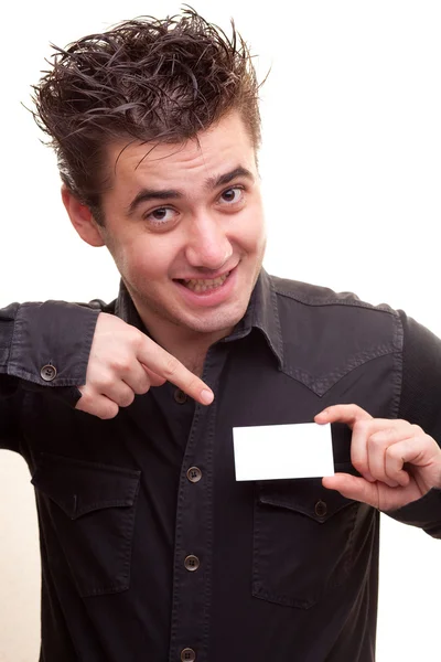Hombre sosteniendo una tarjeta de visita en blanco —  Fotos de Stock