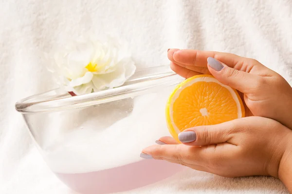 Elegance woman hands holds soap — Stock Photo, Image