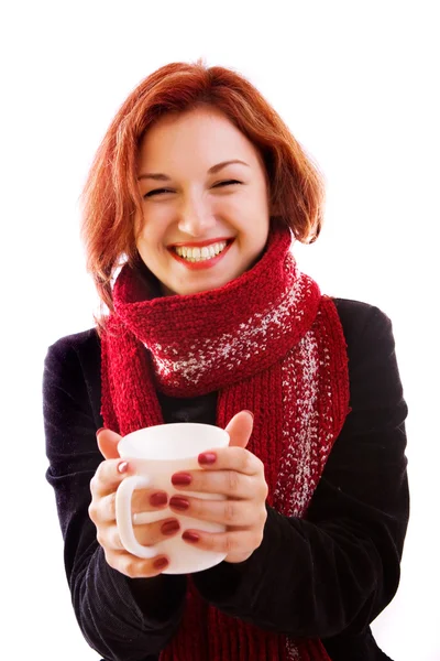 Chica en ropa de invierno con taza — Foto de Stock