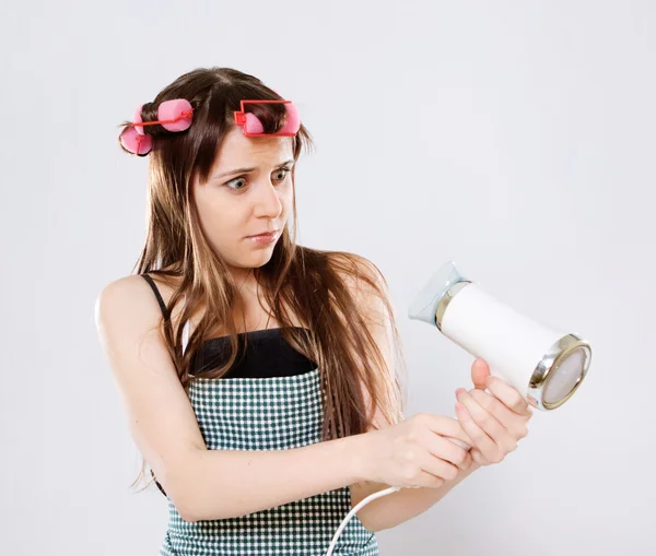 Chica con secador de pelo —  Fotos de Stock