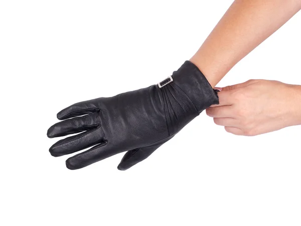 Black leather gloves on woman hand — Stock Photo, Image