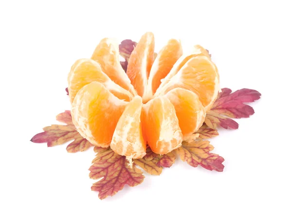 Dilimlenmiş mandalina ve yaprakları — Stok fotoğraf
