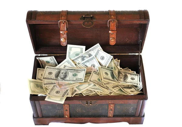 Full of money wooden chest — Stock Photo, Image