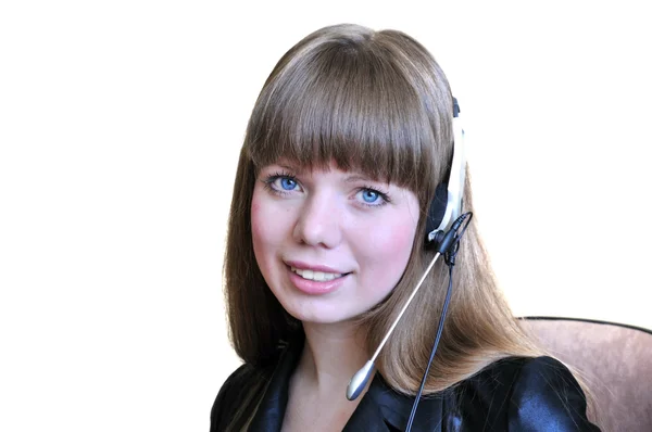 Flicka operatör med headsetet över vita — Stockfoto
