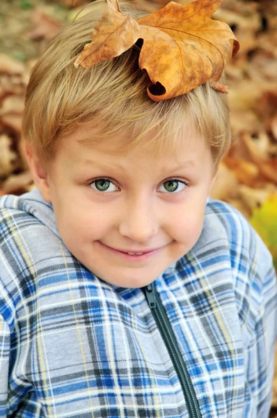 Boy with leaf on head — Stock Photo, Image
