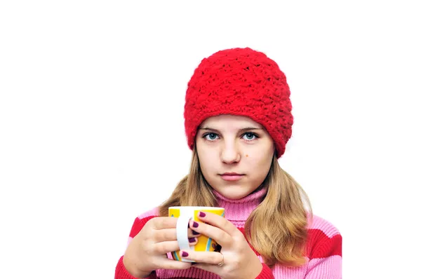 Menina adolescente com xícara de tee — Fotografia de Stock