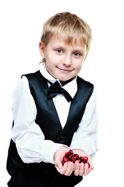 Boy with hearts in hands — Stock Photo, Image
