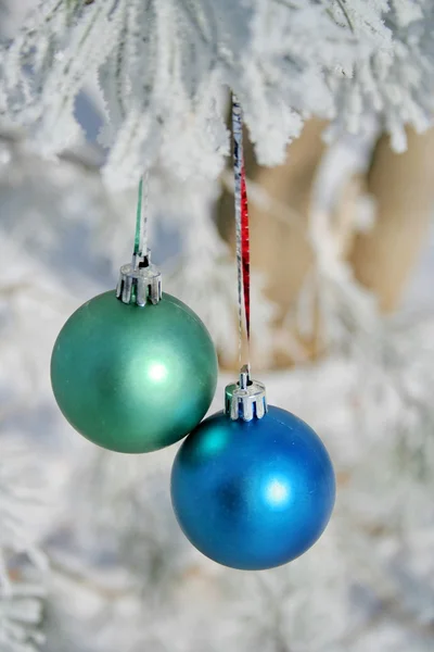 Karla kaplı bir ağaçta iki renkli top. — Stok fotoğraf