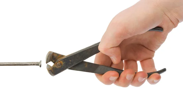 Hand with pliers and nail — Stock Photo, Image
