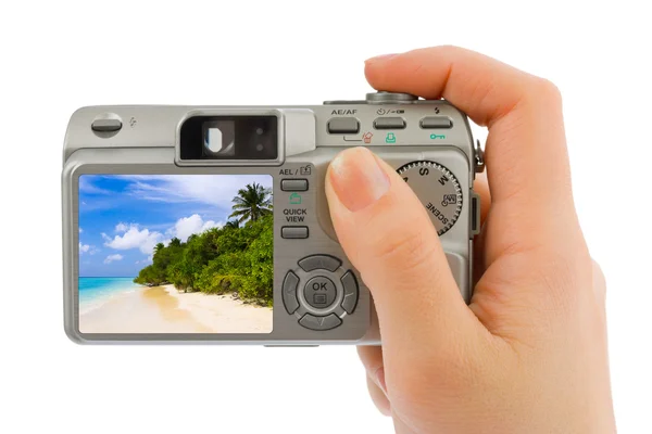 Hand with camera and landscape (my photo — Stock Photo, Image