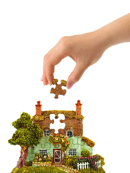Kéz- és puzzle-ház — Stock Fotó