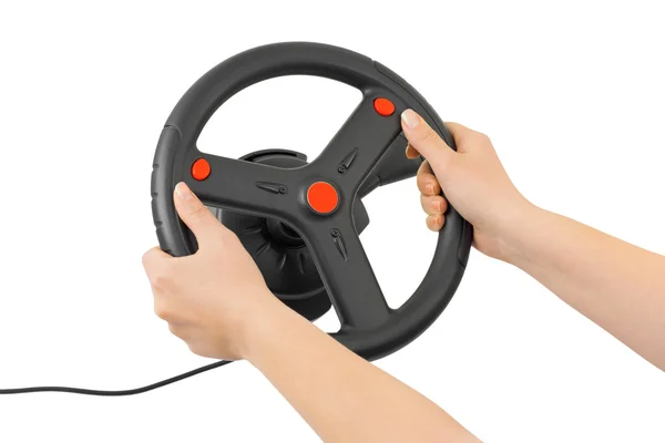 Computer steering wheel and hands — Stock Photo, Image