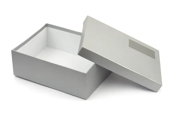 Opened box with blank label — Stock Photo, Image