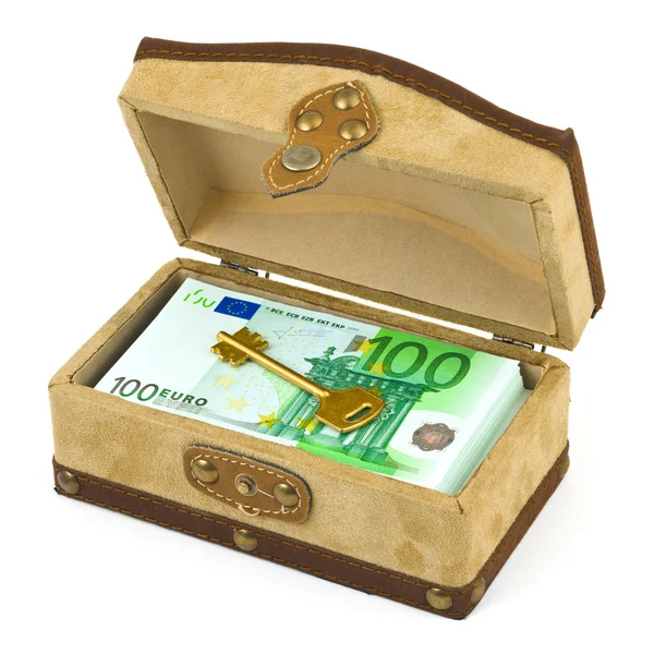 Гроші та ключ у коробці — стокове фото