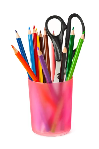 Kalemler ve makas cam — Stok fotoğraf