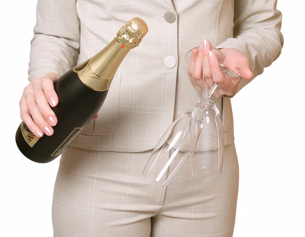 Garrafa de um champanhe e dois copos — Fotografia de Stock