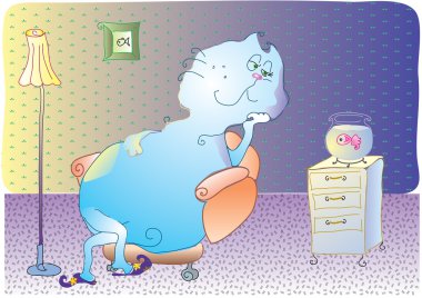 Cat and his fish in room clipart