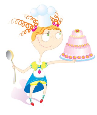 Nice girl cook and sweet cake.