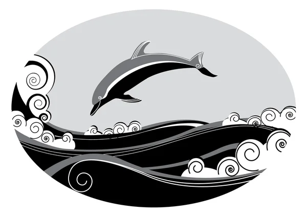 Delfín y mar. Imagen gráfica vectorial — Archivo Imágenes Vectoriales