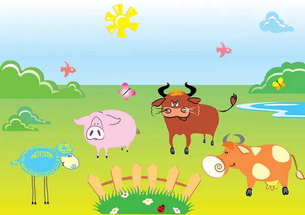 Animales de granja en el paisaje — Vector de stock