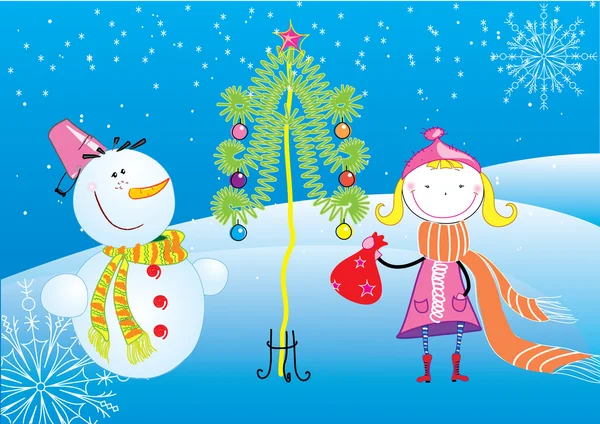 Κορίτσι και χιονάνθρωπος. καρτ ποστάλ Χριστούγεννα — Διανυσματικό Αρχείο