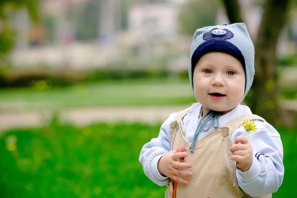 Baby boy hospodářství Pampeliška — Stock fotografie