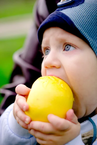 Мальчик ест большое яблоко — стоковое фото