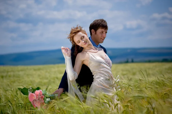 Wedding couple in eared field — Stock Photo, Image