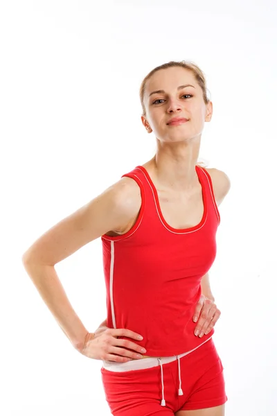 A sporty blonde in red leotard — Stock Photo, Image