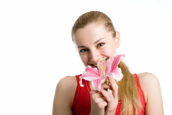 Pěkná dívka s růžové lilie — Stock fotografie