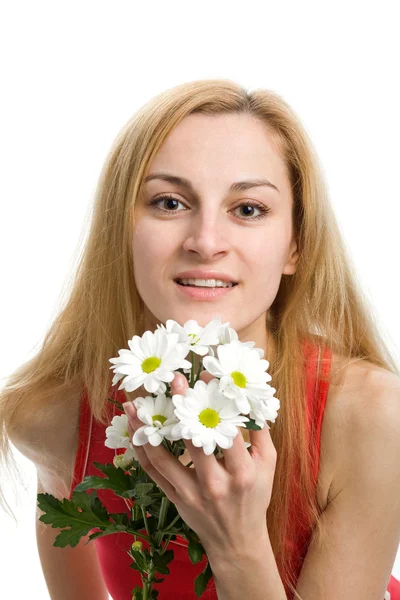 Блондинка з букетом хризантем — стокове фото