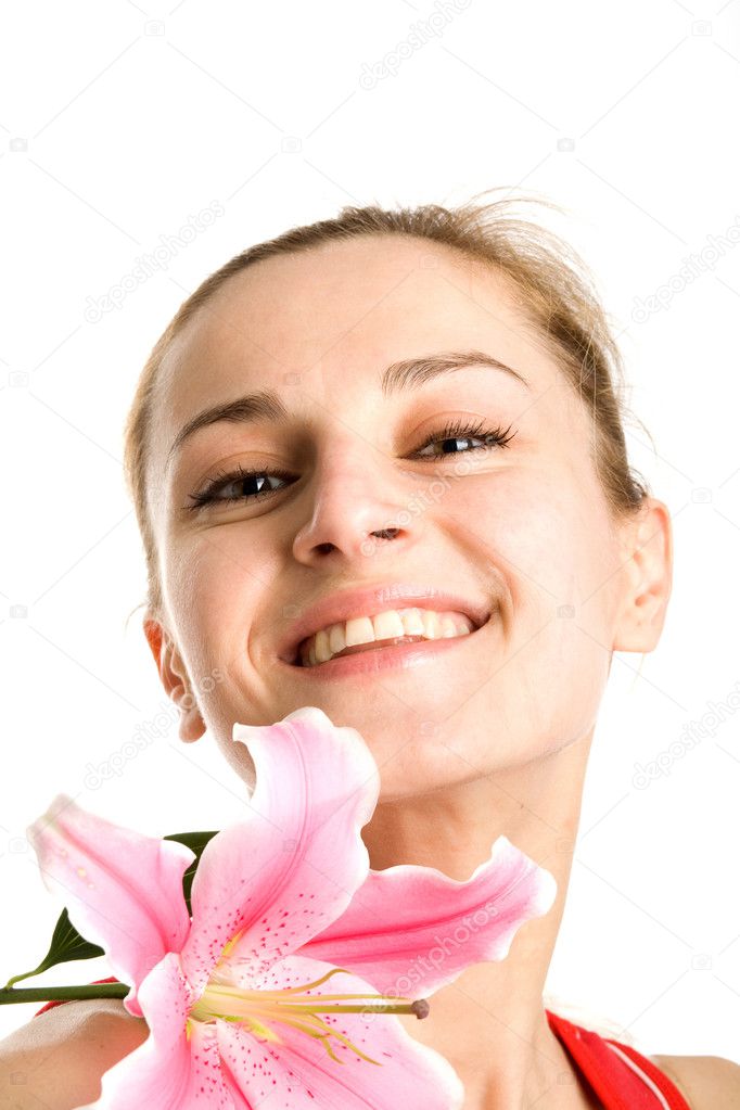 Nice girl with a pink lily