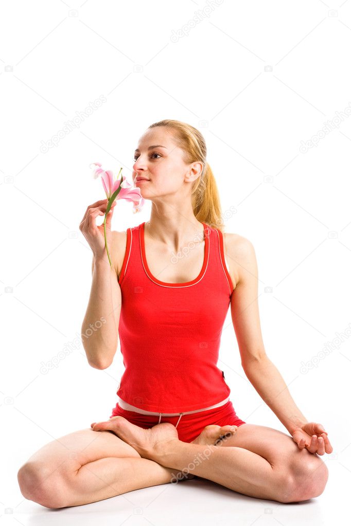 Blond girl in yoga pose